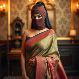 A sexy Indian woman gracefully draped in a fully styled saree, showcasing gorgeous fabrics and intricate traditional patterns