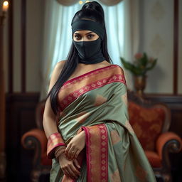 A sexy Indian woman gracefully draped in a fully styled saree, showcasing gorgeous fabrics and intricate traditional patterns