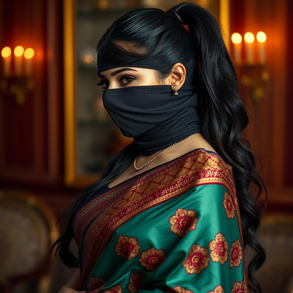 A sexy Indian woman gracefully draped in a fully styled saree, showcasing gorgeous fabrics and intricate traditional patterns