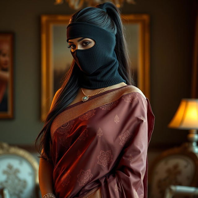 A sexy Indian woman gracefully draped in a fully styled saree, showcasing gorgeous fabrics and intricate traditional patterns