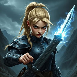 An intense young female human character from Dungeons & Dragons, showcasing her fierce determination with striking features