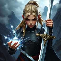 An intense young female human character from Dungeons & Dragons, showcasing her fierce determination with striking features
