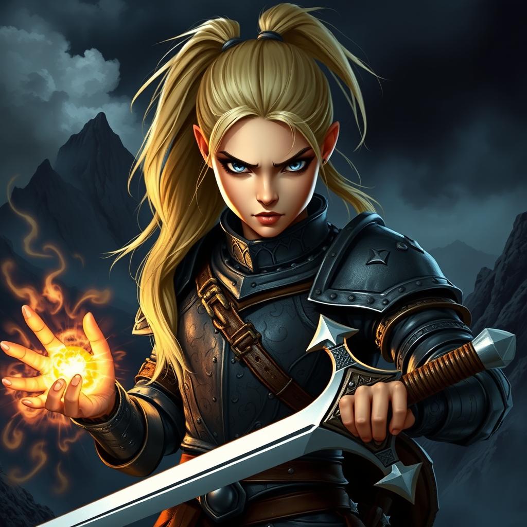 An intense young female human character from Dungeons & Dragons, showcasing her fierce determination with striking features