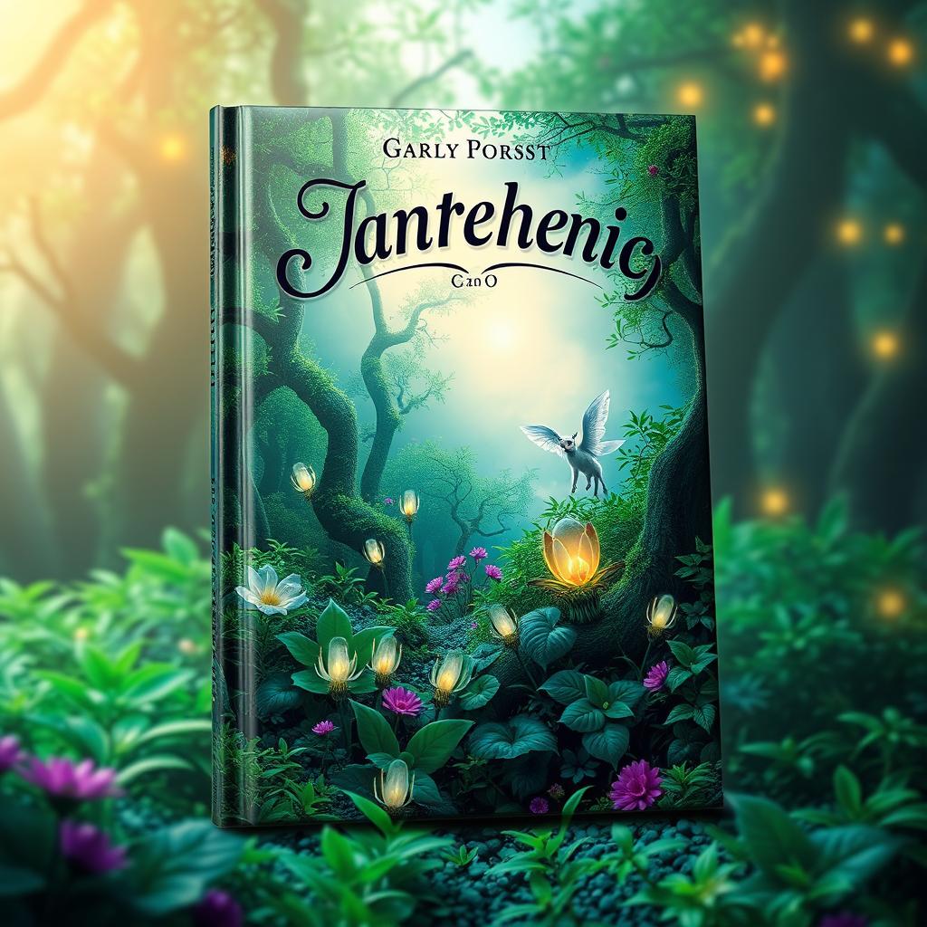 A stunning 3D book cover design showcasing a mystical forest scene filled with vibrant, lush greenery and enigmatic glowing flowers