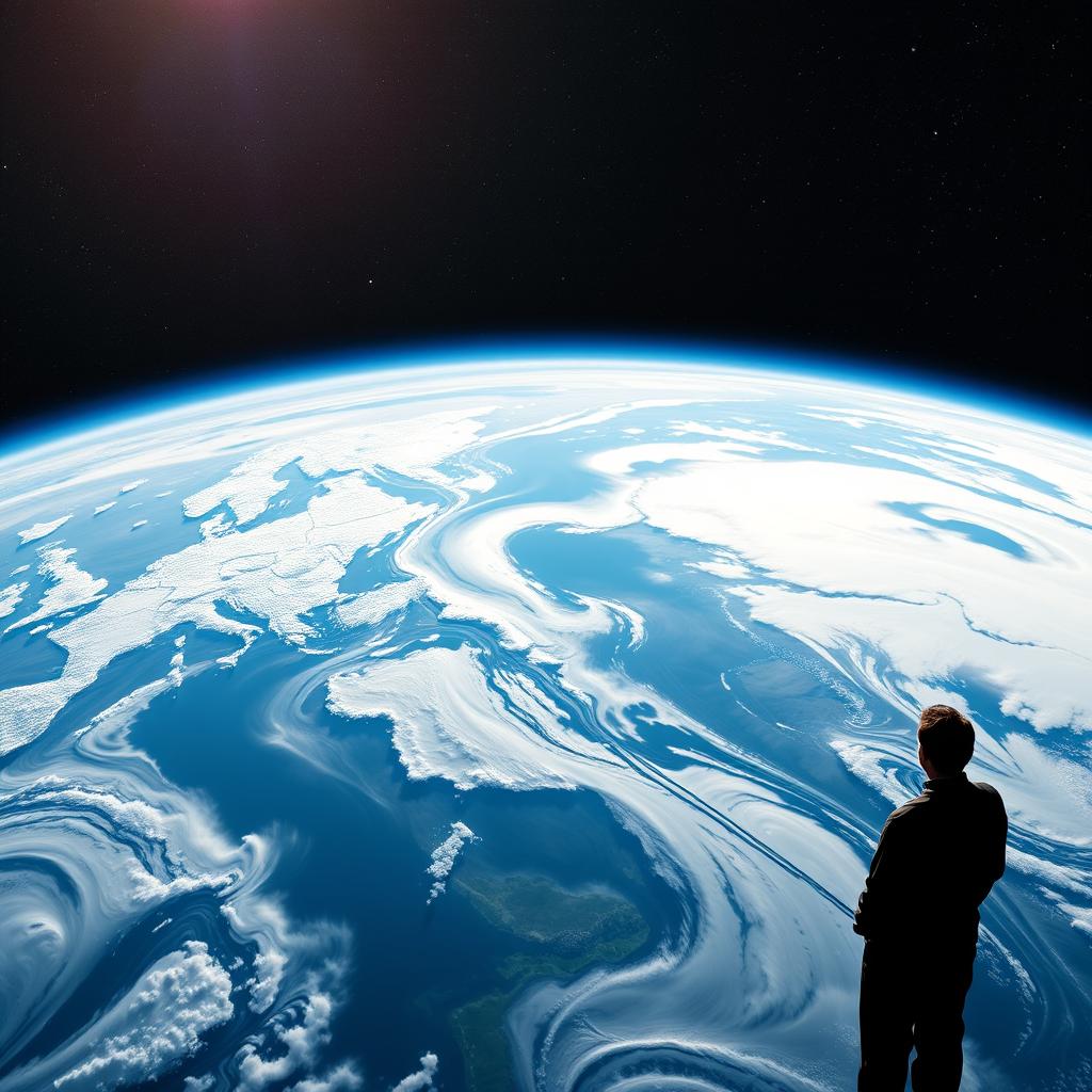 A breathtaking view of Earth from space, showcasing the vibrant blue oceans and swirling white clouds, dotted with continents rich in greenery and color