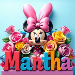 A vibrant 3D colorful illustration featuring Minnie Mouse at the center, showcasing her iconic large pink bow atop her head