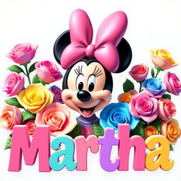 A vibrant 3D colorful illustration featuring Minnie Mouse at the center, showcasing her iconic large pink bow atop her head