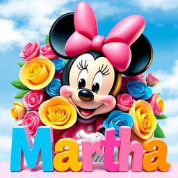 A vibrant 3D colorful illustration featuring Minnie Mouse at the center, showcasing her iconic large pink bow atop her head