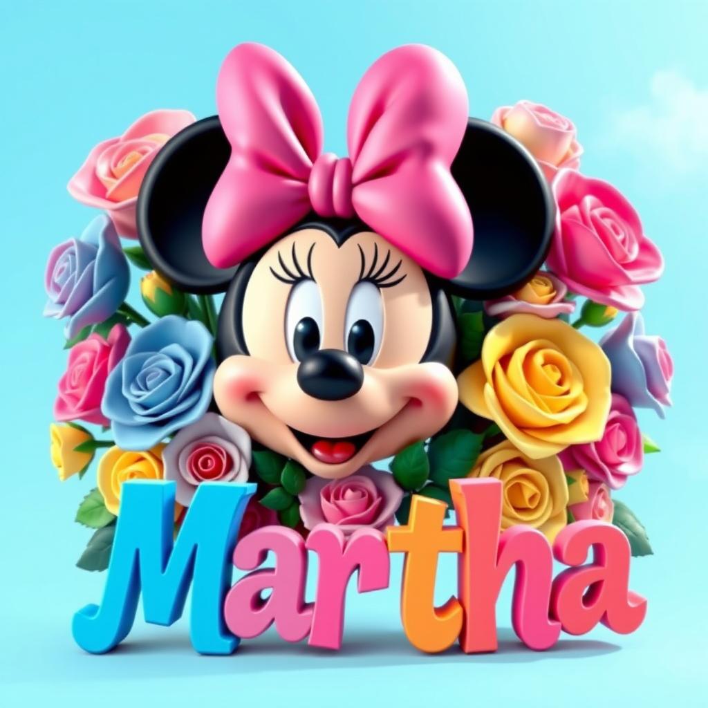 A vibrant 3D colorful illustration featuring Minnie Mouse at the center, showcasing her iconic large pink bow atop her head