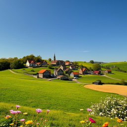 A picturesque small village nestled in lush green fields, featuring charming houses with colorful rooftops