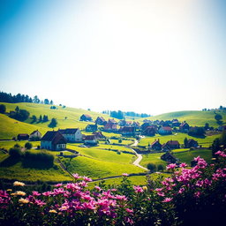 A picturesque small village nestled in lush green fields, featuring charming houses with colorful rooftops