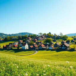 A picturesque small village nestled in lush green fields, featuring charming houses with colorful rooftops