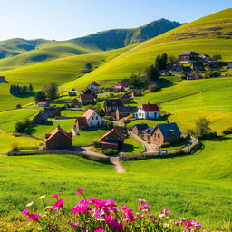 A picturesque small village nestled in lush green fields, featuring charming houses with colorful rooftops
