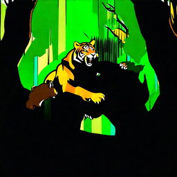 A ferocious tiger and a powerful bear engaged in a fierce battle in a dense forest undergrowth