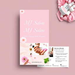 A visually appealing flyer design featuring the company name 'MJ Salon' prominently displayed at the top in elegant, stylish typography