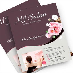 A visually appealing flyer design featuring the company name 'MJ Salon' prominently displayed at the top in elegant, stylish typography