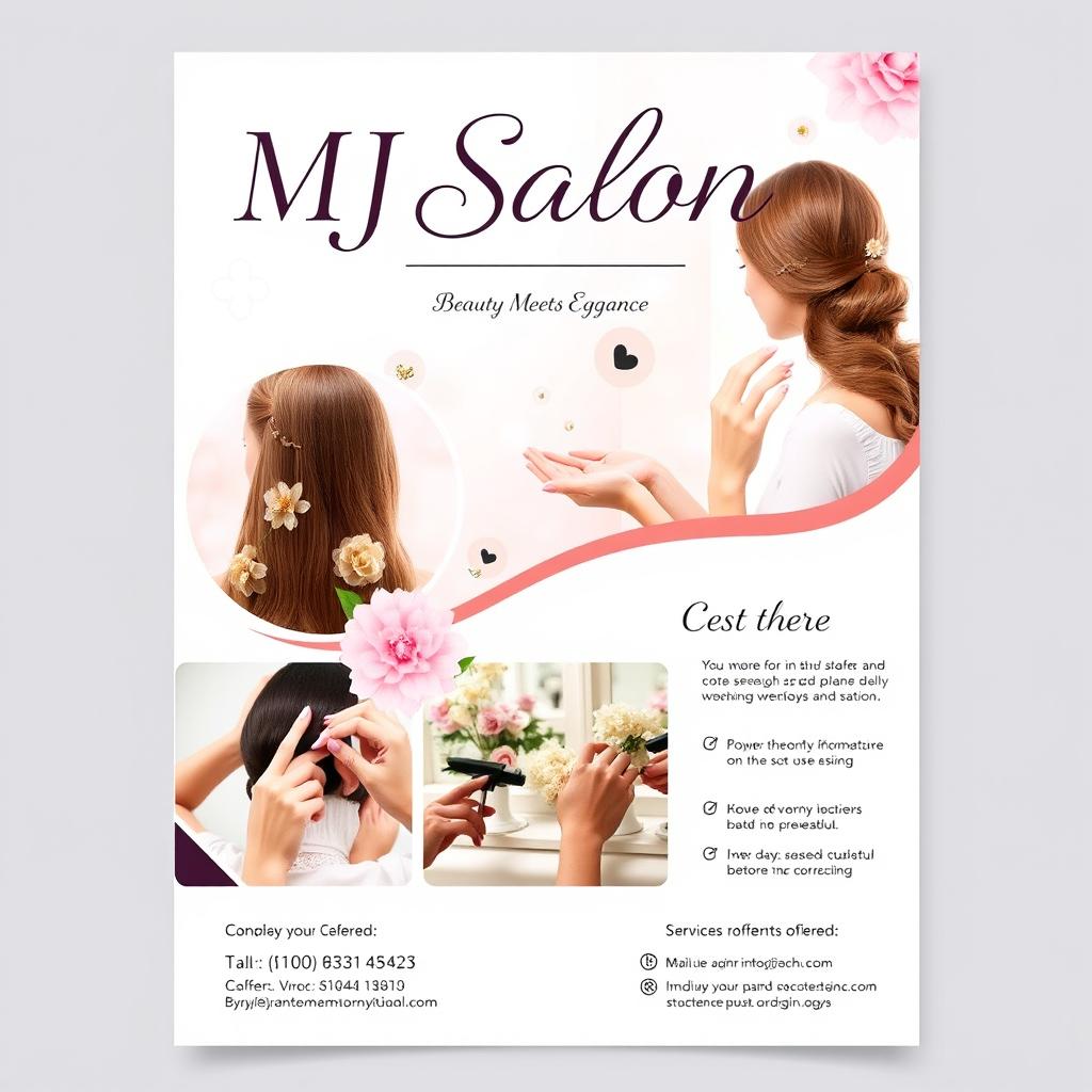 A visually appealing flyer design featuring the company name 'MJ Salon' prominently displayed at the top in elegant, stylish typography
