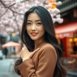 A beautiful Korean model posing confidently in an elegant outfit