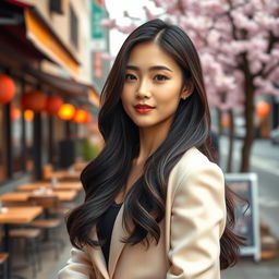 A beautiful Korean model posing confidently in an elegant outfit