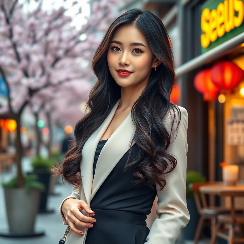 A beautiful Korean model posing confidently in an elegant outfit