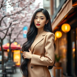 A beautiful Korean model posing confidently in an elegant outfit