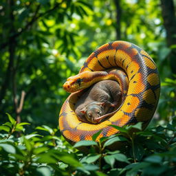 A striking image of a large snake, like a Burmese python, coiled around a rat that it's in the process of consuming