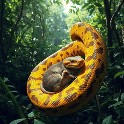 A striking image of a large snake, like a Burmese python, coiled around a rat that it's in the process of consuming