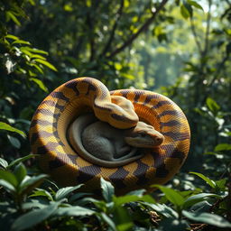 A striking image of a large snake, like a Burmese python, coiled around a rat that it's in the process of consuming
