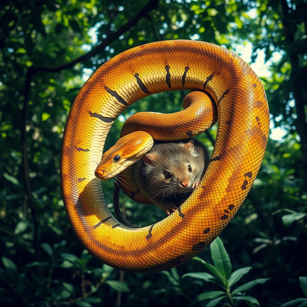 A striking image of a large snake, like a Burmese python, coiled around a rat that it's in the process of consuming