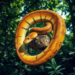 A striking image of a large snake, like a Burmese python, coiled around a rat that it's in the process of consuming