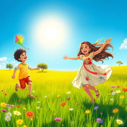 A vibrant scene depicting Sohan, a young boy, and Mita, a young girl, joyfully playing together in a lush green field