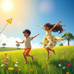 A vibrant scene depicting Sohan, a young boy, and Mita, a young girl, joyfully playing together in a lush green field
