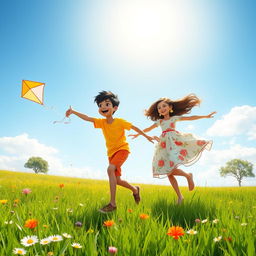 A vibrant scene depicting Sohan, a young boy, and Mita, a young girl, joyfully playing together in a lush green field