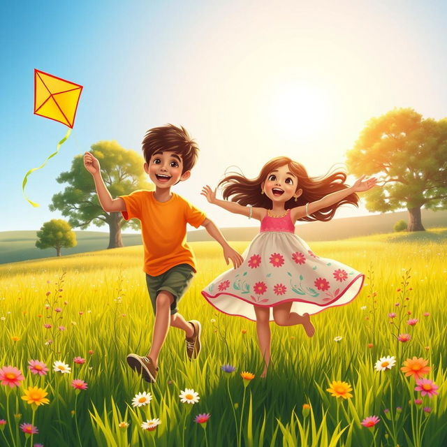 A vibrant scene depicting Sohan, a young boy, and Mita, a young girl, joyfully playing together in a lush green field