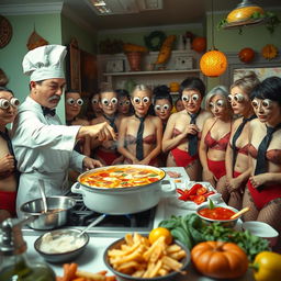 A surreal kitchen scene featuring a chef passionately cooking a steaming pot of pizza soup on the stove