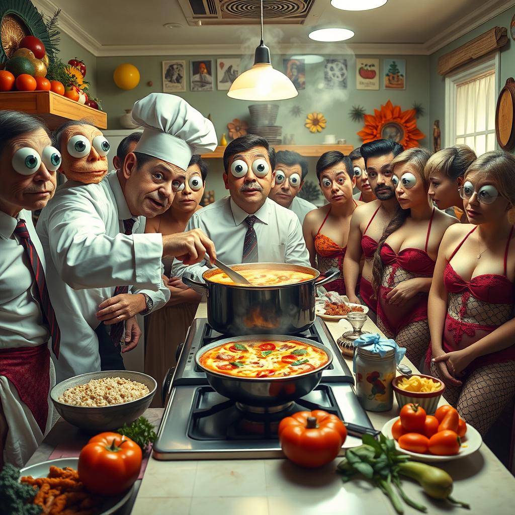 A surreal kitchen scene featuring a chef passionately cooking a steaming pot of pizza soup on the stove