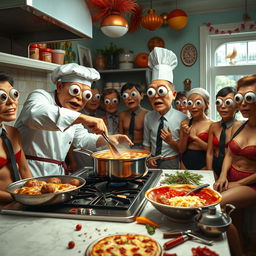 A surreal kitchen scene featuring a chef passionately cooking a steaming pot of pizza soup on the stove