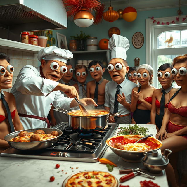 A surreal kitchen scene featuring a chef passionately cooking a steaming pot of pizza soup on the stove