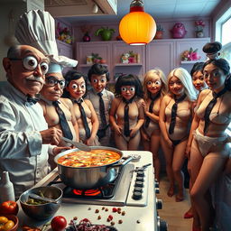A surreal kitchen scene featuring a chef passionately cooking a steaming pot of pizza soup on the stove
