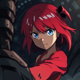 A dramatic scene featuring a stylized anime girl with bright, colorful hair and expressive eyes, depicted in a tense, stylized environment