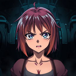 A dramatic scene featuring a stylized anime girl with bright, colorful hair and expressive eyes, depicted in a tense, stylized environment