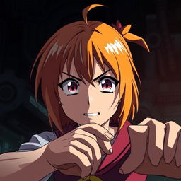 A dramatic scene featuring a stylized anime girl with bright, colorful hair and expressive eyes, depicted in a tense, stylized environment