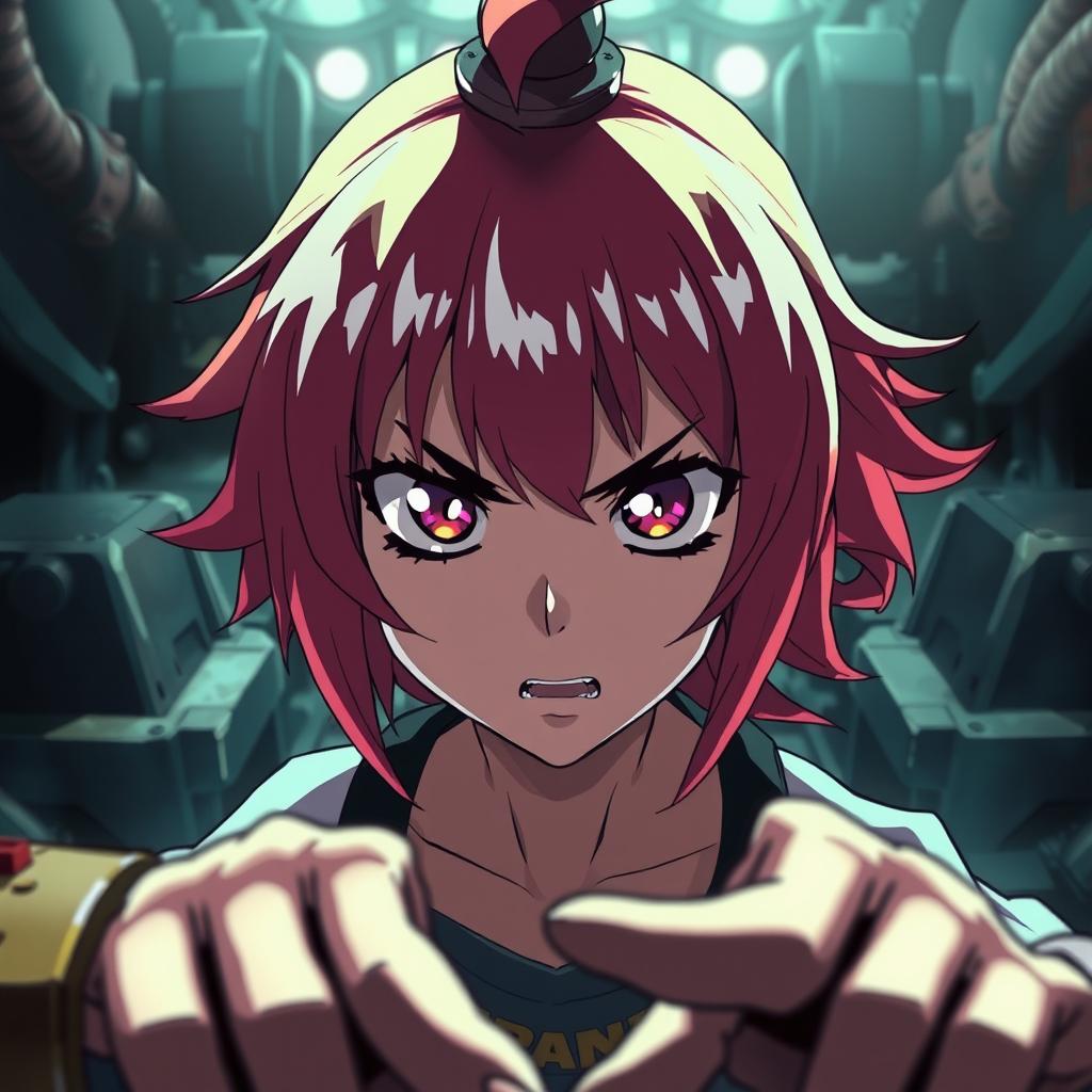 A dramatic scene featuring a stylized anime girl with bright, colorful hair and expressive eyes, depicted in a tense, stylized environment