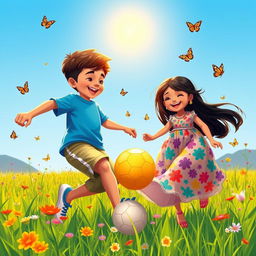 Sohan, a cheerful boy with short brown hair, wearing a bright blue t-shirt and comfortable shorts, and Mita, a lively girl with long black hair, wearing a colorful, flowy dress, are joyfully playing together in a lush green field under a clear blue sky