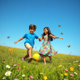 Sohan, a cheerful boy with short brown hair, wearing a bright blue t-shirt and comfortable shorts, and Mita, a lively girl with long black hair, wearing a colorful, flowy dress, are joyfully playing together in a lush green field under a clear blue sky