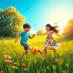 Sohan, a cheerful boy with short brown hair, wearing a bright blue t-shirt and comfortable shorts, and Mita, a lively girl with long black hair, wearing a colorful, flowy dress, are joyfully playing together in a lush green field under a clear blue sky