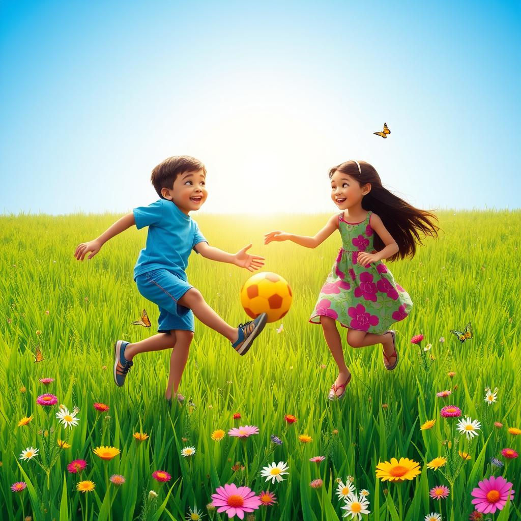 Sohan, a cheerful boy with short brown hair, wearing a bright blue t-shirt and comfortable shorts, and Mita, a lively girl with long black hair, wearing a colorful, flowy dress, are joyfully playing together in a lush green field under a clear blue sky