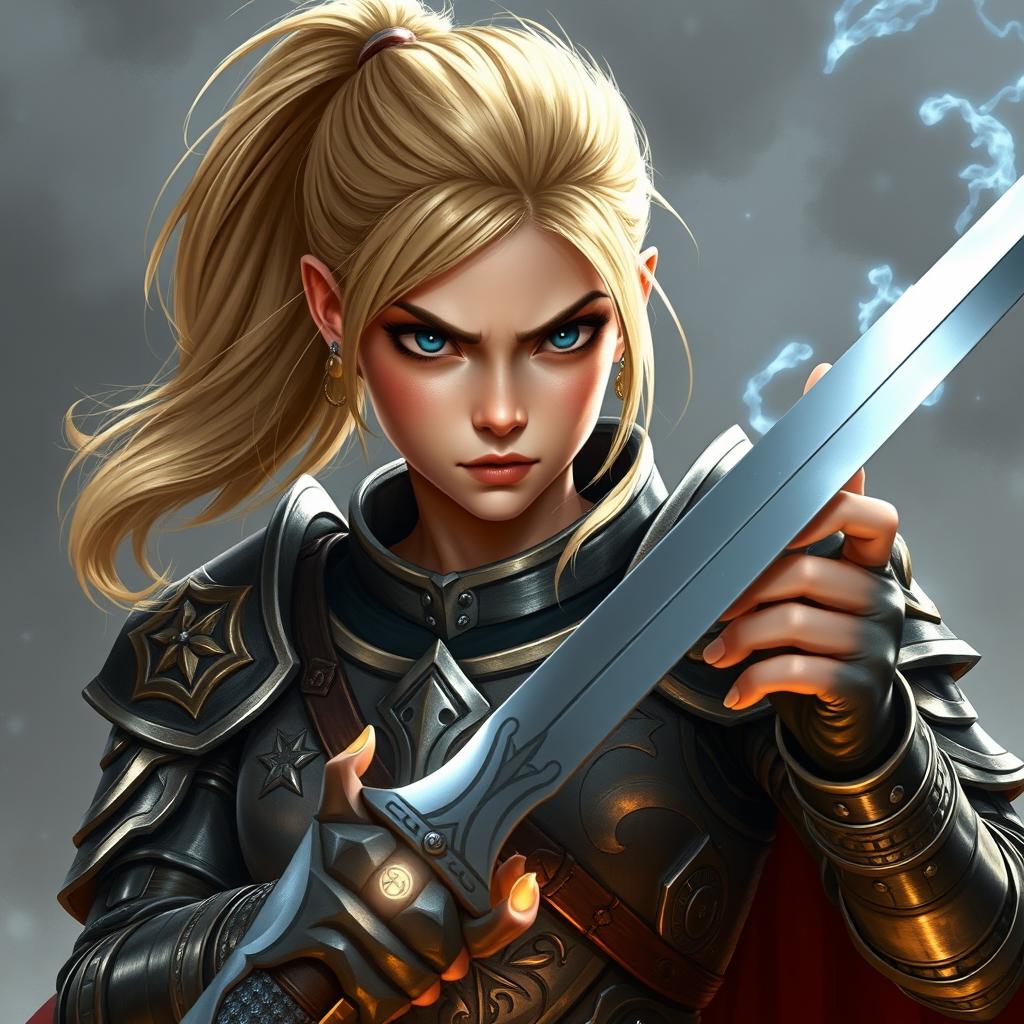 An intense young female human character from Dungeons & Dragons with captivating features and shoulder-length blond hair styled in a ponytail