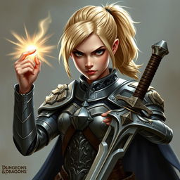 An intense young female human character from Dungeons & Dragons with captivating features and shoulder-length blond hair styled in a ponytail