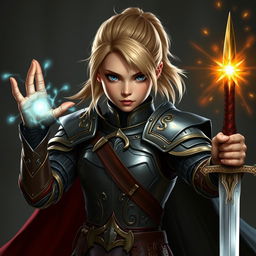 An intense young female human character from Dungeons & Dragons with captivating features and shoulder-length blond hair styled in a ponytail